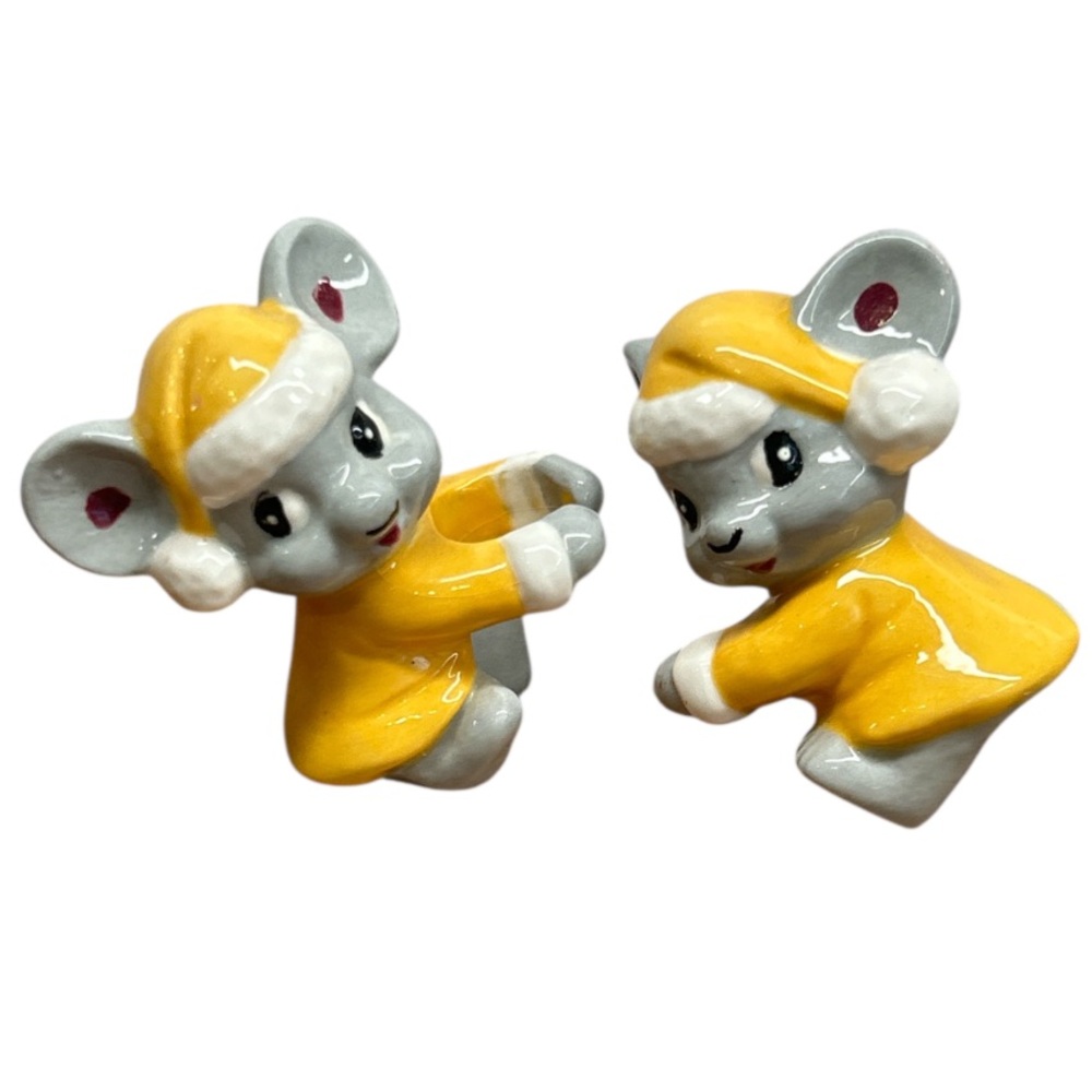 Vintage Ceramic Festive Mouse Candle Huggers Red Yellow and Grey Set Of Two
